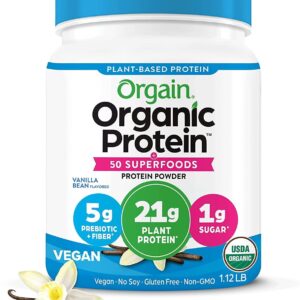 Orgain Organic Vegan Protein + 50 Superfoods Powder, Vanilla Bean – 21g Plant Based Protein, 8g Prebiotic Fiber, No Lactose Ingredients, Gluten Free, No Added Sugar, 1.12 lb (Packaging May Vary)