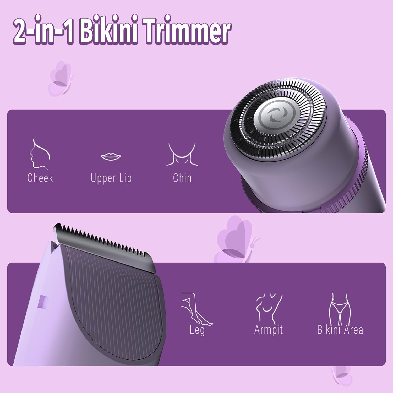 Bikini Trimmer for Women, 2 in 1 Electric Shaver for Women, Rechargeable Electric Razor Body Hair Trimmer Wet & Dry Use, Purple - Image 2
