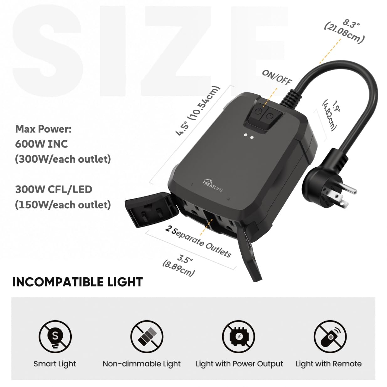 TREATLIFE 2 in 1 Outdoor Smart Dimmer Plug, 2 Individual Control Sockets, 600W, Compatible with Alexa, Google Home, IP64 Dimmer for Outdoor String Lights, Dusk to Dawn, 2.4GHz WiFi Only - Image 2