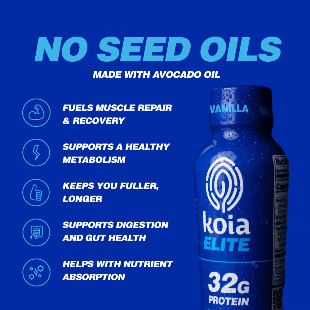 Koia Elite Plant Based Protein Shake, Vanilla, 32g Protein, 4g Sugar, 6g Prebiotic Fiber, Pre & Post Workout Nutritional Drink, No Seed Oils, Dairy-Free, Gluten-Free, Non-GMO, 12 Fl Oz (Pack of 12) - Image 4