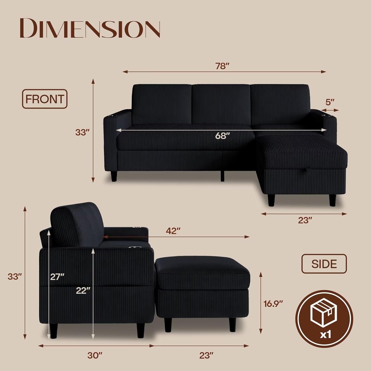 Convertible Sectional Couches for Living Room, 3 Seats L Shaped Sofa with Storage Ottoman and 2 Cup Holders, Modern Corduroy Couch Small Sofas for Small Space Apartment Office, Black - Image 2
