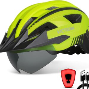 VICTGOAL Bike Helmet with USB Rechargeable Rear Light Detachable Magnetic Goggles Removable Sun Visor Mountain & Road Bicycle Helmets for Men Women Adult Cycling Helmets