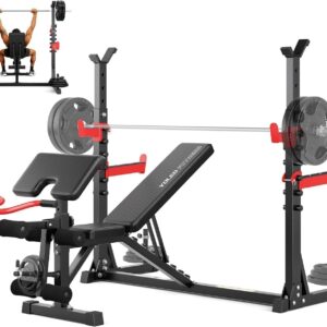 YOLEO 1980LBS Adjustable Weight Bench Set, 47.44″ Wide Grip, Workout Bench with Squat Rack, Leg Extension, Preacher Curl, Bench Press with Safety Bar Catches, Weight Benches for Home Gym