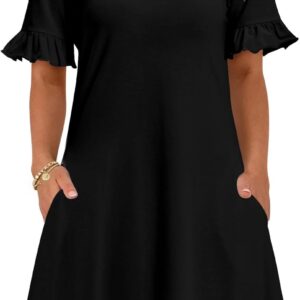 Zeagoo Summer Casual Dresses for Women A Line Sun Dress Ruffle Short Sleeve V Neck Floral Tshirt Dress with Pockets