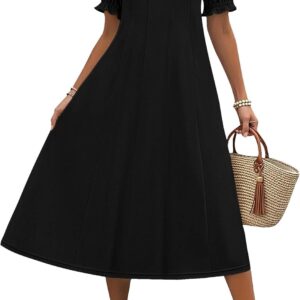 Zeagoo Womens Summer Dress Casual Midi Dresses 2026 Short Puff Sleeve Flare Dress Pleated Flowy Sundress with Pockets