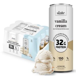 Slate Milk – High Protein Nutrition Shake – Vanilla Cream – 32g Protein, 1g Sugar, 150 Calories, 1g Net Carbs – Lactose Free – No Added Sugar – Breakfast Boost, Post Workout – 11 fl oz, 12 Cans