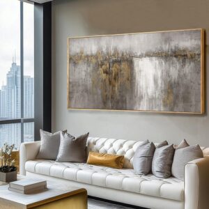 White and Gold Artwork for Walls Abstract Framed Poster Print 24″x48″ Canvas Wall Art for Bedroom Neutral Artwork Decor for Office