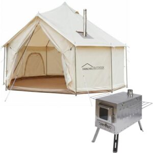 DANCHEL OUTDOOR B6 4 Season Glamping Wall Tent w/Large Wood Stove Camping, No Center Pole, Higher Side Wall, 900D Flame Retardant Oxford for 4 Person Yurt Cabin Tent,13ft/4m