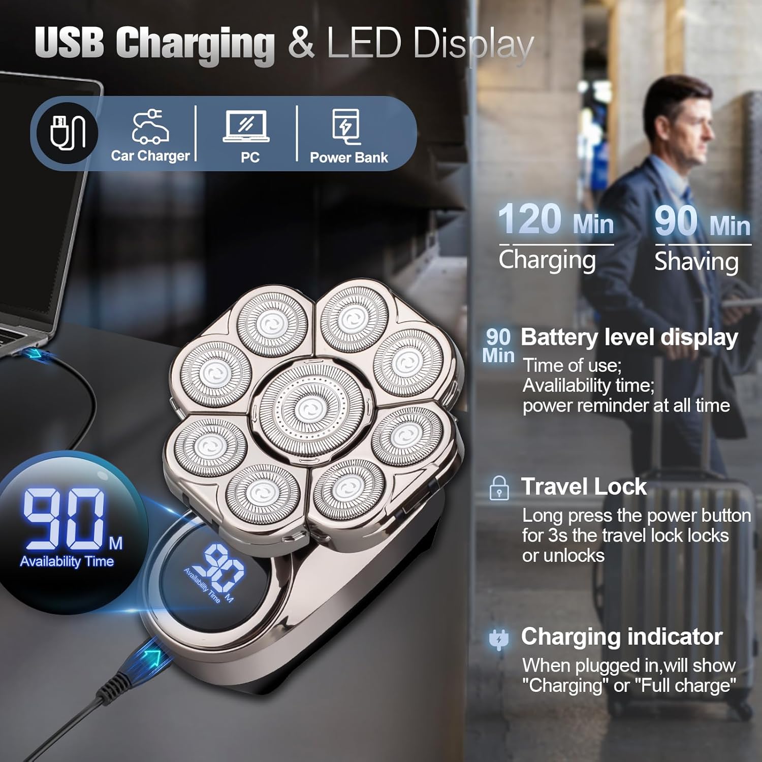 9D Electric Head Shaver for Bald Men, Upgraded 5-in-1 Head Shaver for Bald Men, Waterproof Wet/Dry Grooming Kit Electric Shaver for Men, Cordless Rechargeable Bald Head Razor for Home&Travel - Image 5