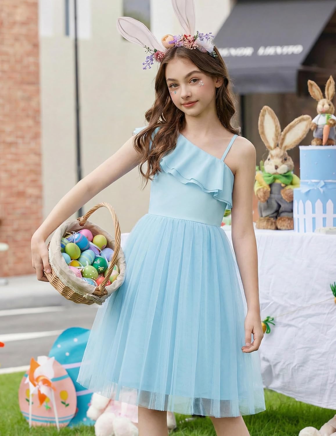 Arshiner Girls Dresses Ruffle Trim Off Shoulder Formal Wedding Party Fancy Summer Tulle Dress for 6-14 Years - Image 2