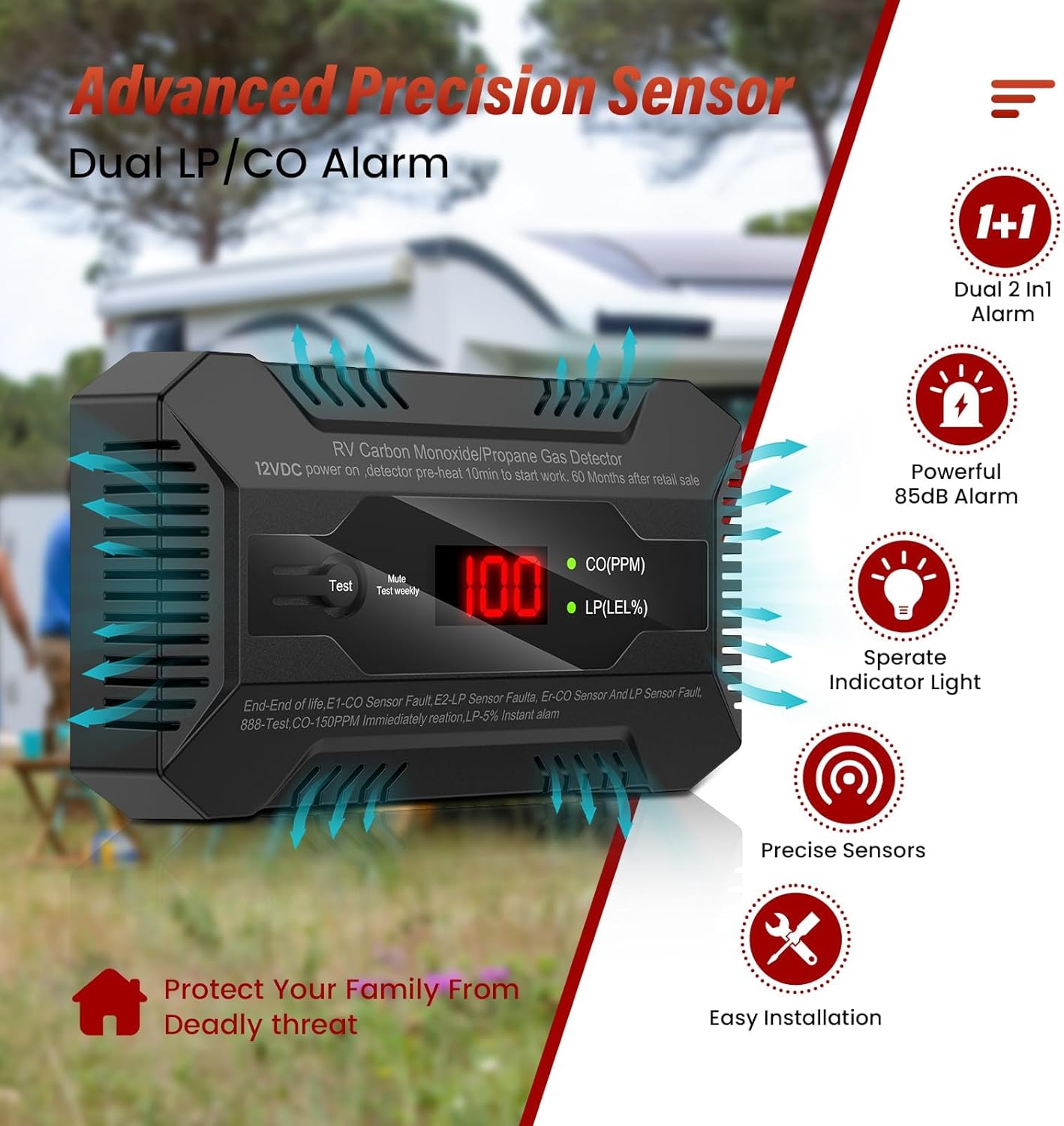 RV Carbon Monoxide Alarm and Propane Gas Detector, LP/CO Leak Alarm with Separate LED Indicator Light,Carbon Monoxide 85dB Safe Warning to Ensure Boat RV Camping Safety Travel, 12 VDC- Black - Image 2