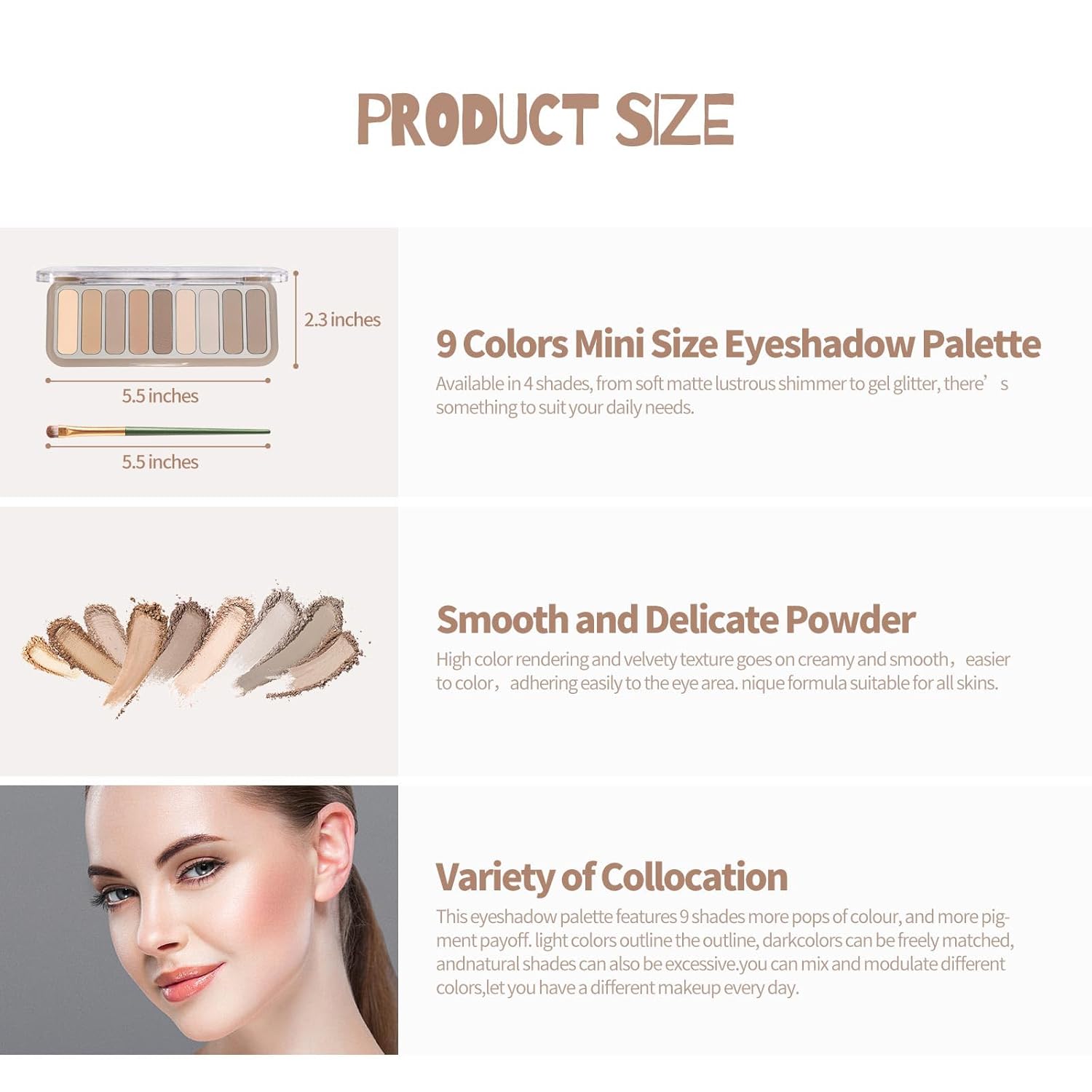 9 Colors Matte Eyeshadow Palette, High Pigmented Natural Nude Eye Shadow Makeup Palette Ultra-Blendable, Long Lasting Eyeshadow Pallete with 3 Eyeshadow Brush for Women - Image 6