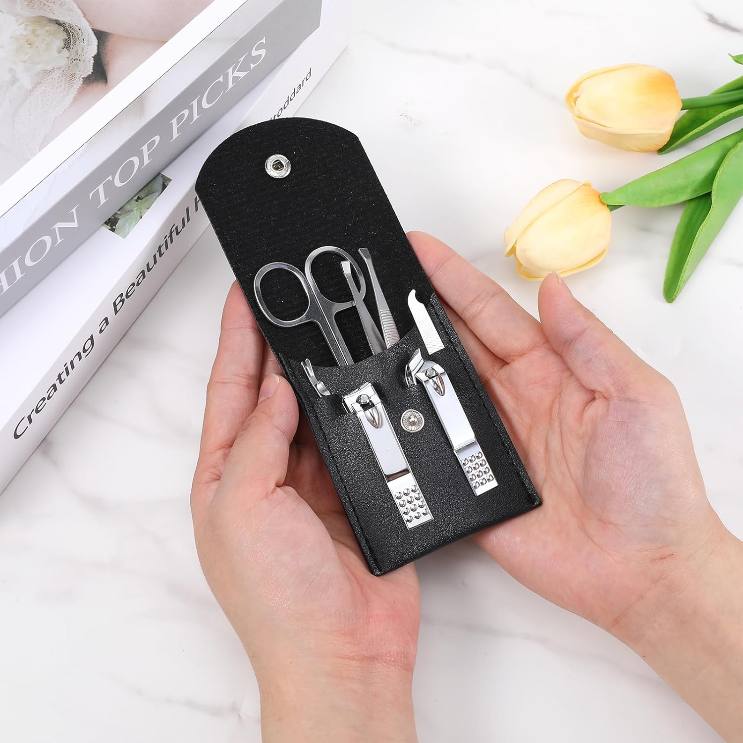 7 Pcs Travel Manicure Set Nail Clipper Set Gifts for Men & Women Fingernail Grooming Kit, Travel Clipper Kit with Nail Care Tools Beauty Scissors Tweezers PU Black Leather Pouch - Image 3