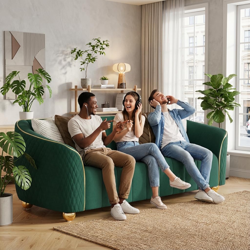 "85" 3-Seater Velvet Sofa - Modern Plush Spring Cushion, Solid Wood Frame, Spacious Deep Seat for Small Spaces, Family Living Room & Office (Green, 3S) - Image 9