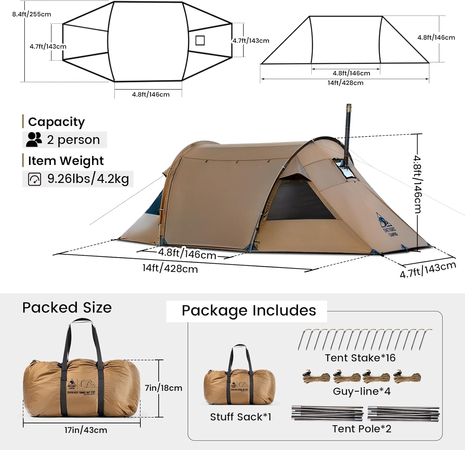 OneTigris Raven NEST Hot Tent with Stove Jack, Spacious Waterproof 2 Person Tunnel Tent for Camping, Hiking, Backpacking, Bushcraft - Image 7