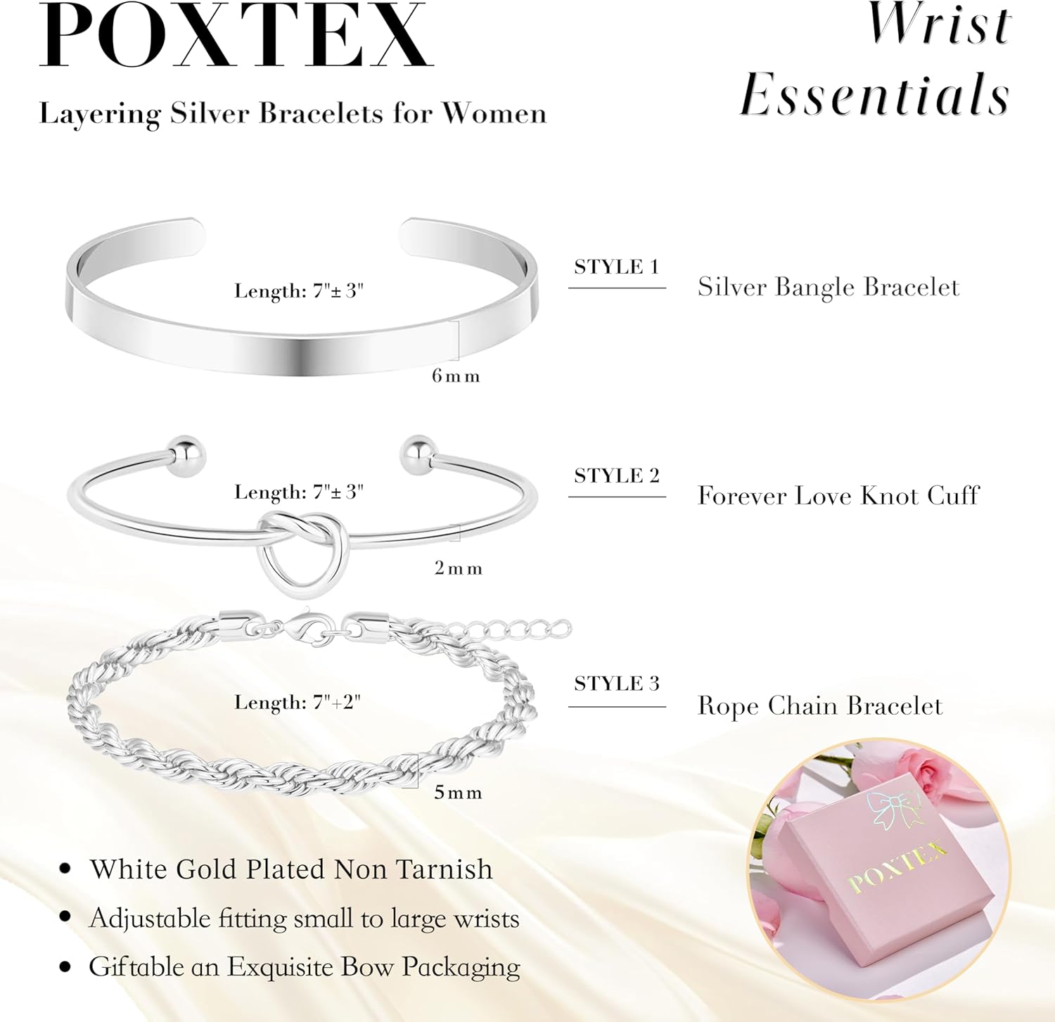 925 Sterling Silver Bracelets for Women Stack, 14K Gold Plated Bangle Cuff Jewelry Set Trendy, Adjustable Tennis Knot Twisted Bracelet for Wrist Essentials Women Fashion Gifts - Image 5