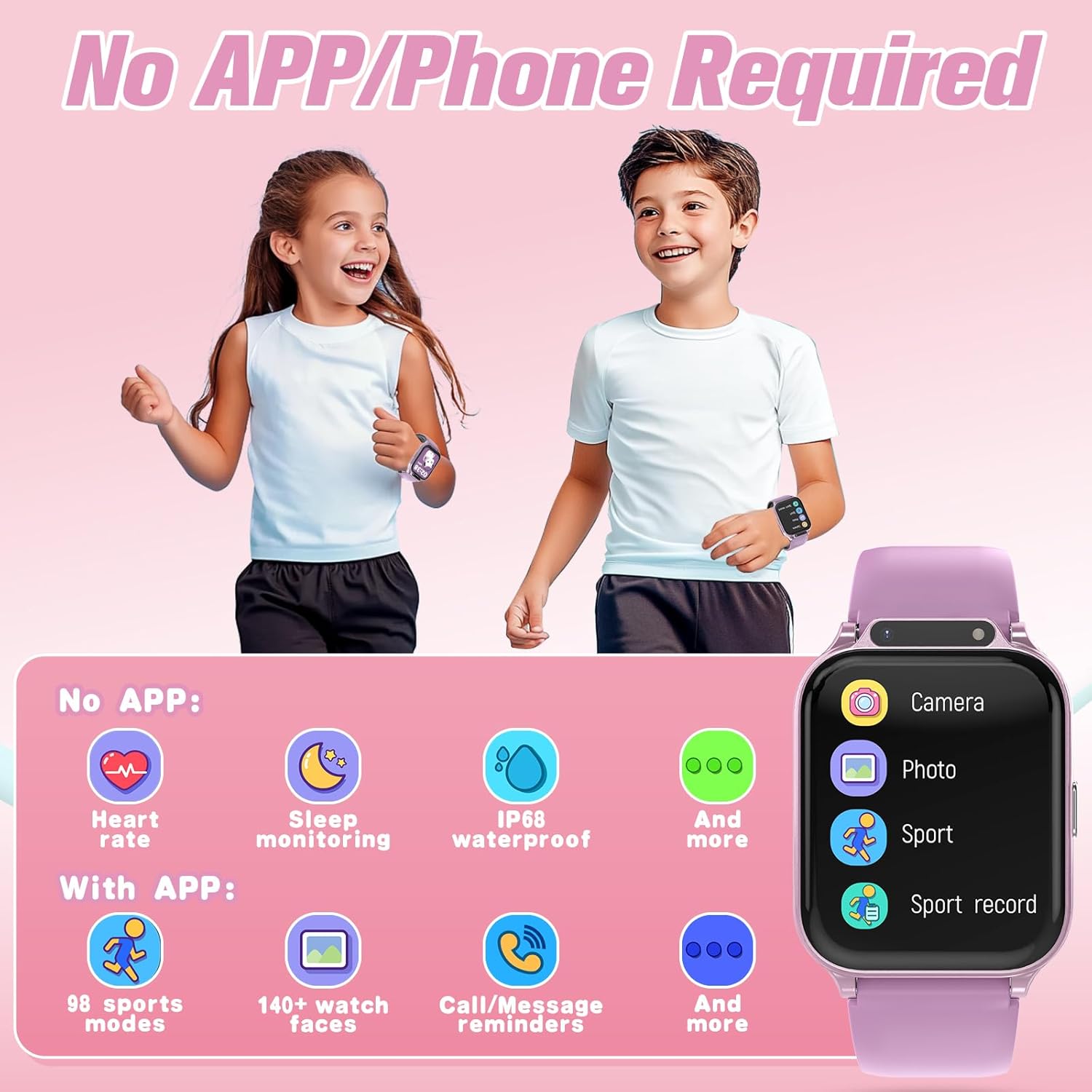 Smart Watch for Kids 1.85" with Fitness Tracker, Sleep Monitor, 22/100+ Sport Modes, DIY Dial, IP68 Waterproof, Step Counter, Heart Rate, Camera, with/Without APP, Gift for 3-12 Years Old Boys Girls - Image 5