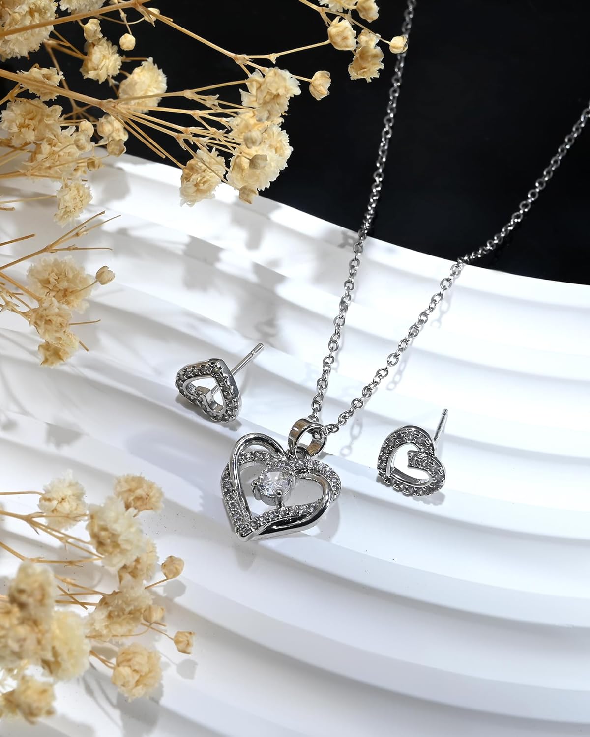 Silver Heart Shaped Jewelry Set Cubic Zirconia Heart Pendant CZ Adjustable Necklace and Simple Small Stud for Women - Image 6