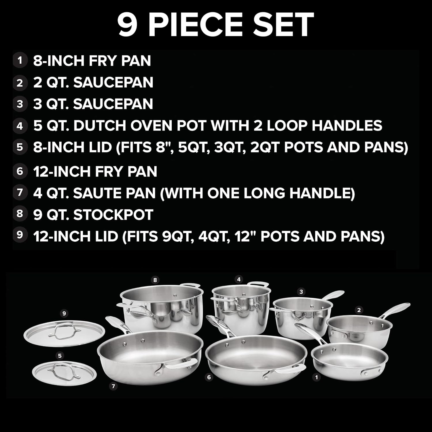 Nuwave Stainless Steel 9-Piece Pro-Smart Cookware Set, Space Saving Nestable Design, Heavy-Duty Tri-Ply, Dishwasher & Oven Safe, Ergonomic Stay-Cool Handles, Induction-Ready & Works on All Cooktops - Image 2