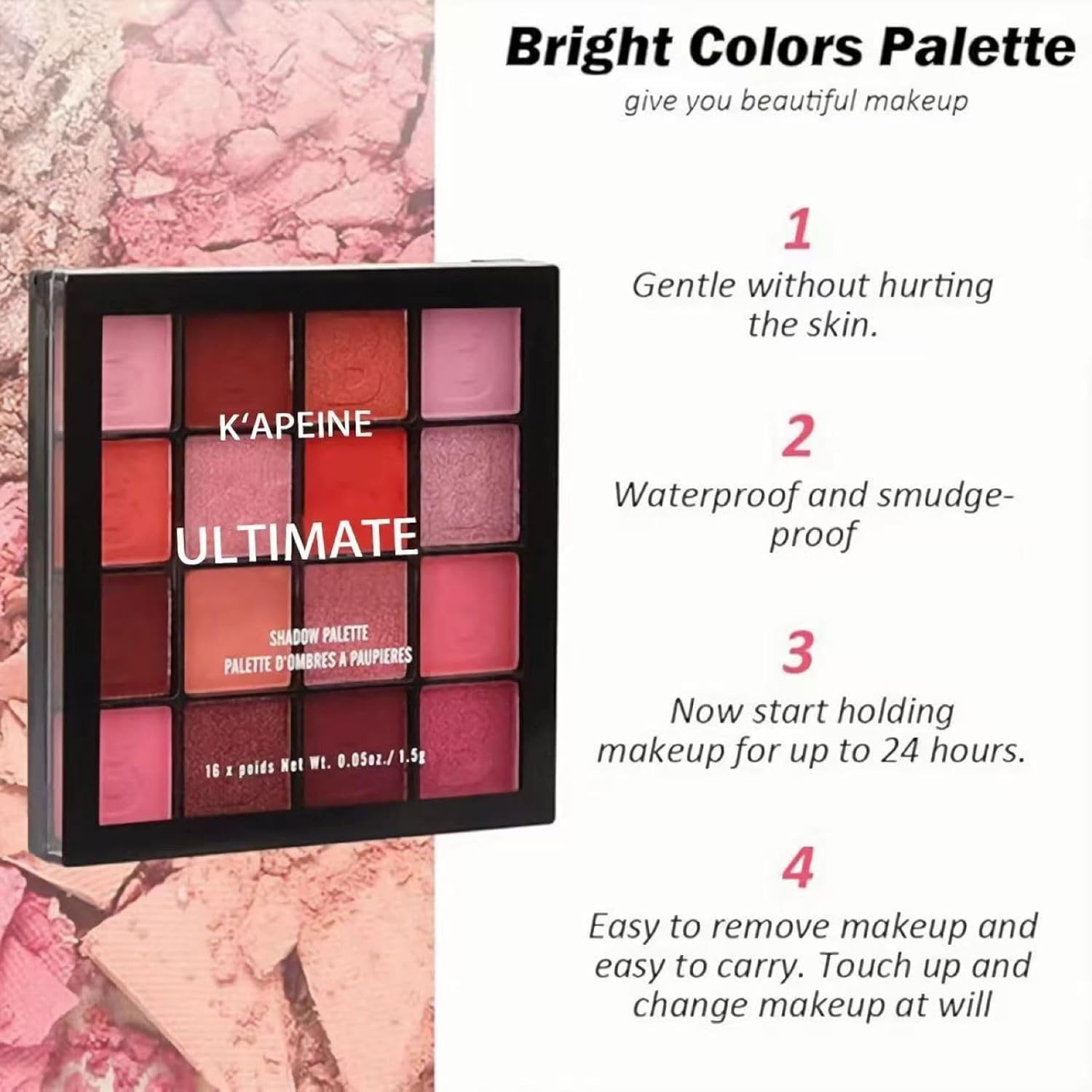 K'APEINE Red Eyeshadow Palette, Matte Glitter Metallic Eye Shadow Palette 16 Colors Pigmented Pink Eye Makeup Red Goth Eyeshade Kit for Halloween Parties, Joker Vampire Clown Makeup - Image 4