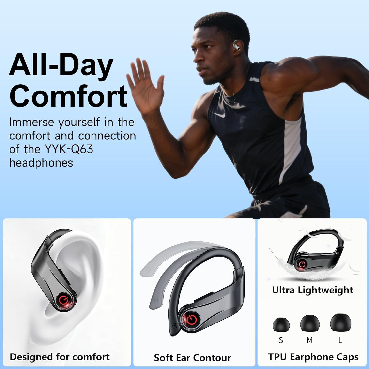 EUQQ True Wireless Earbuds, 2026 Sport Bluetooth 6.1 Headphones with Microphone 120H Playtime Dual LED Display Case, Noise Canceling Ear Buds with Easy Button Controls Sweat and Water Resistant Black - Image 3