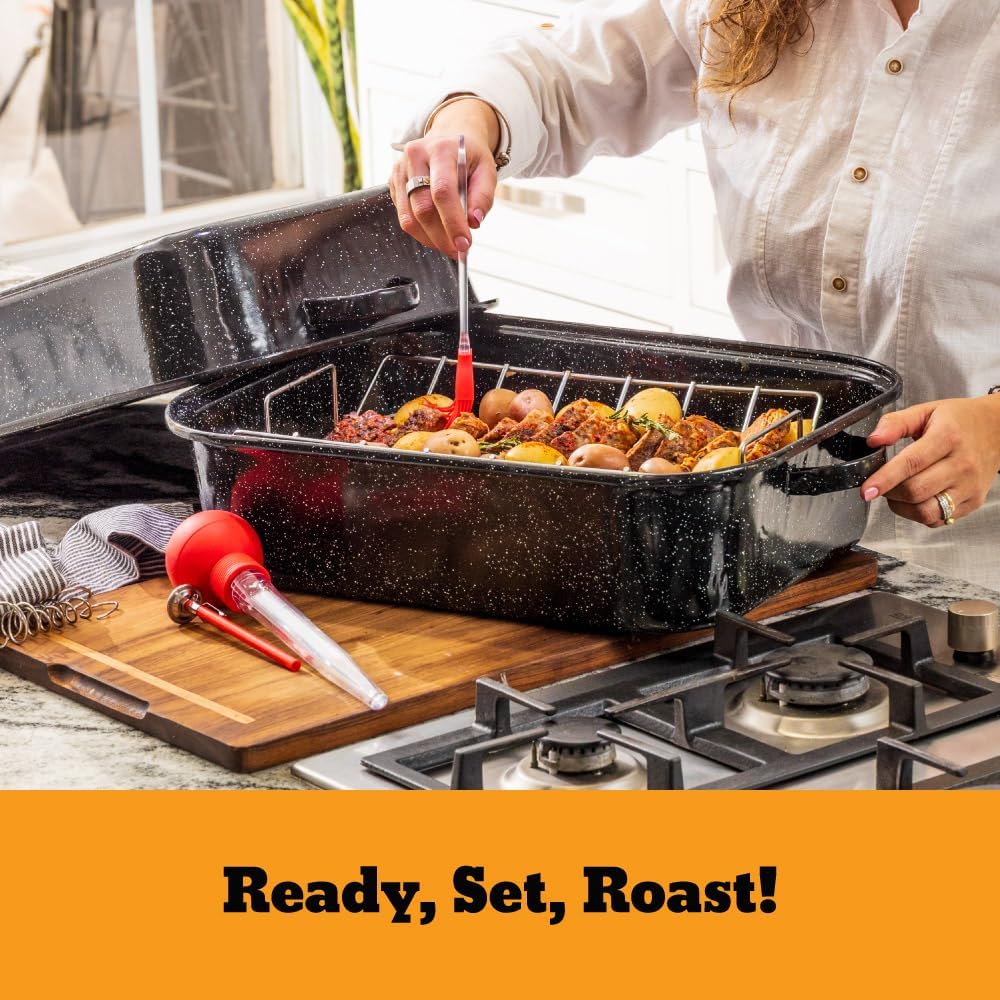 Granite Ware 25 lb Rectangular Roaster Set (10pcs), includes Lid, V-Rack, 2 pack brining bags, oven/grill-safe meat Thermometer, Turkey Baster with sylicon bulb, small brush - Image 2