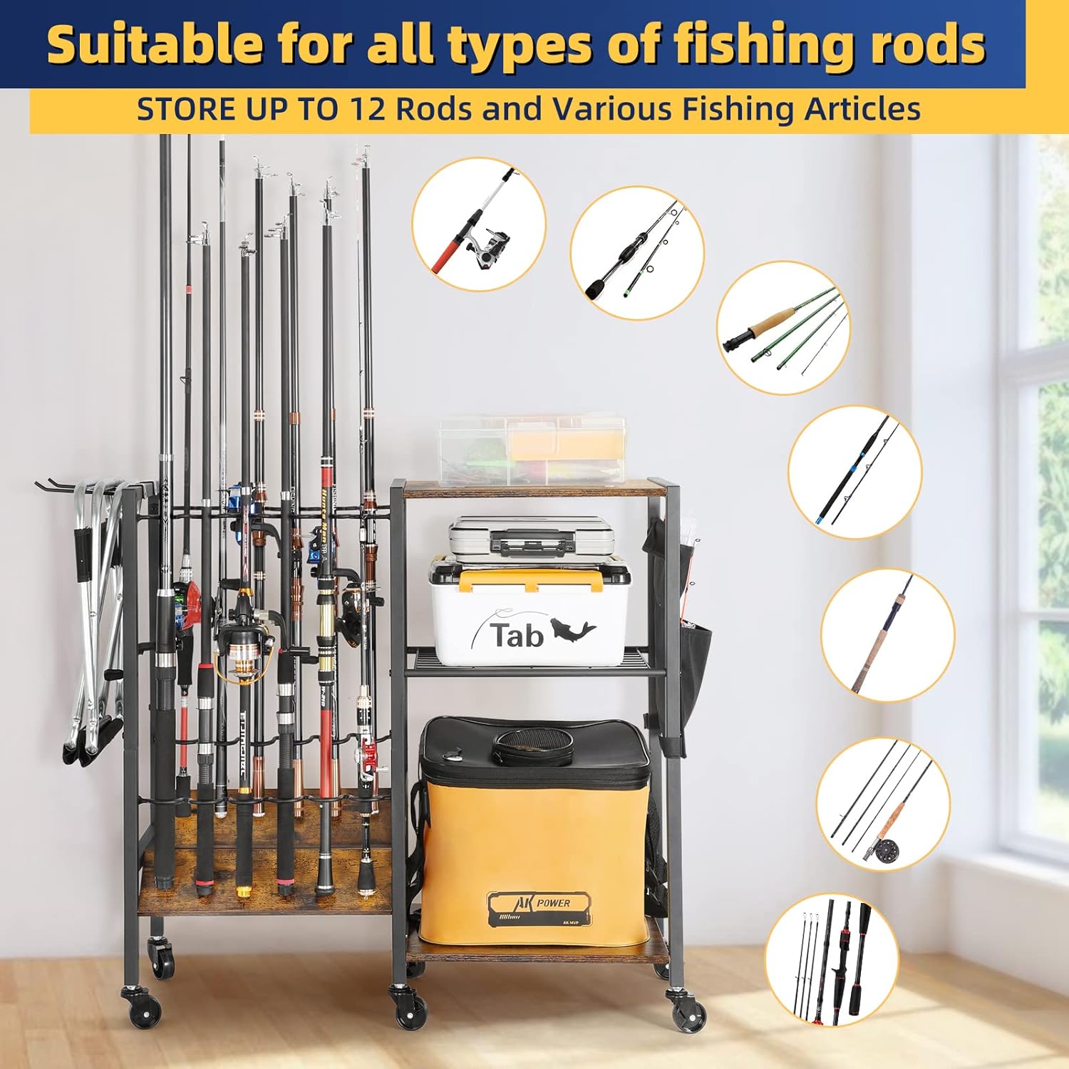 Olakee Fishing Rod Holders, Rolling Fishing Rod Rack for Garage & Boat, Tackle Box & Reel Holder Cart, Easy Assembly Fishing Gear Management System, Ideal Birthday Gift for Men Dad Anglers - Image 4