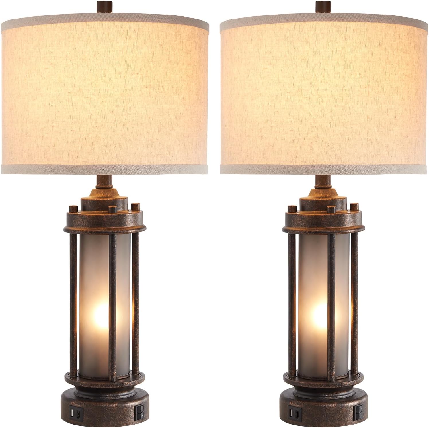 Set of 2 Farmhouse Lamps for Living Room, Rustic Vintage Bedroom Nightstand Table Lamp with 2 USB Charging Ports, Built-In Frosted Glass Night Light for End Table Entryway, 4 Bulbs Included (Bronze) - Image 8