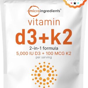 Micro Ingredients Vitamin D3 5,000 IU + K2 MK-7 100 mcg, 300 Softgels | 2-in-1 Vitamins D & K Complex | Extra Strength, Easy to Swallow, Non-GMO, Gluten Free