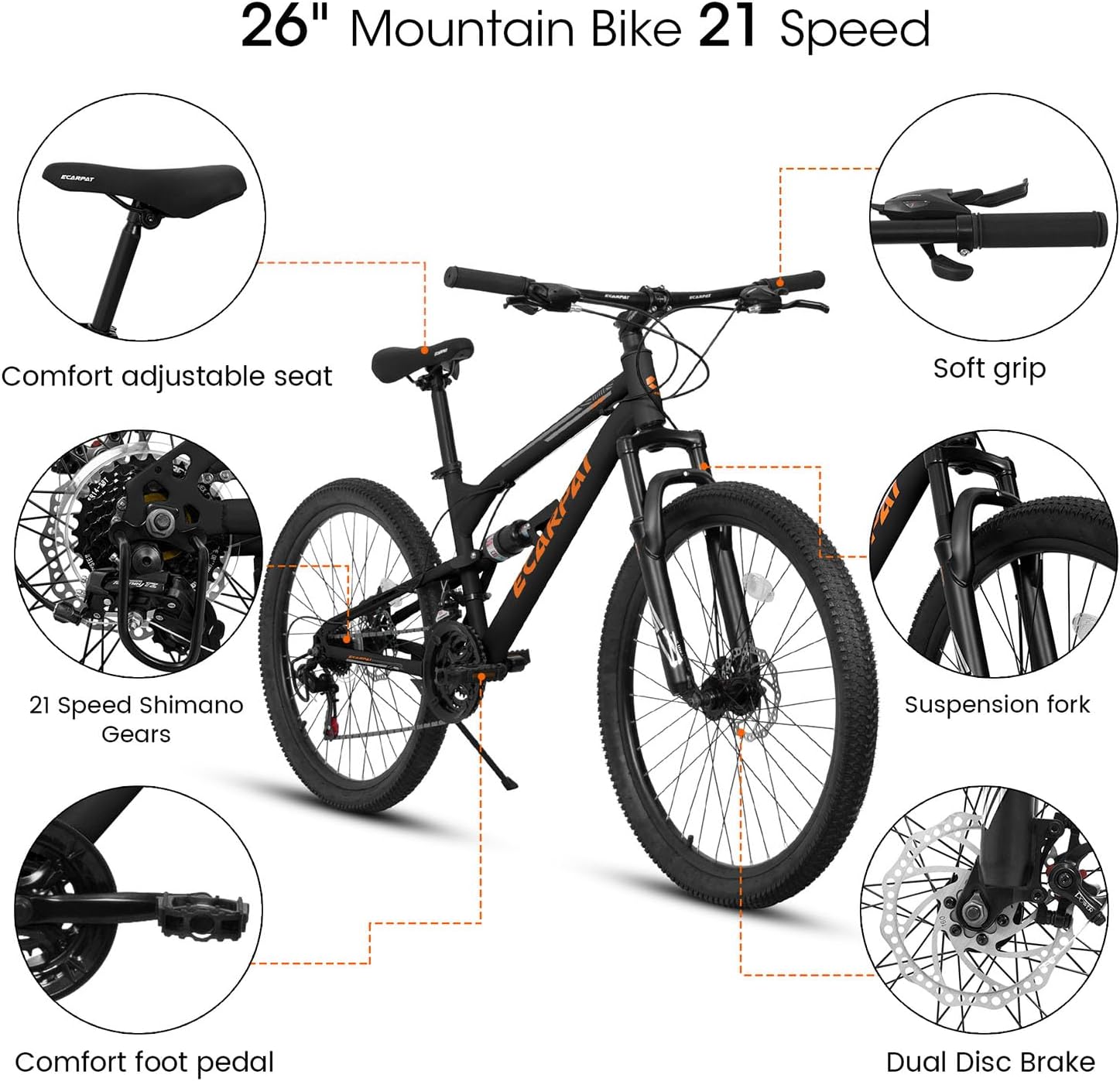 Mountain Bike for Adult Men Women, 26-Inch Wheels, Full Suspension, 21-Speed Drivetrain, Trigger Shifter, Aluminum Frame, Mechanical Disc Brake, Black/Green - Image 7