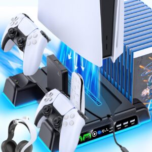 PS5/ Slim/Pro Stand for Disc & Digital Console, PS 5 Cooling Station with Dual Controller Charging Station for PlayStation 5 Console, 3-Level Fan PS5 Controller Charger Accessories Stand-Black