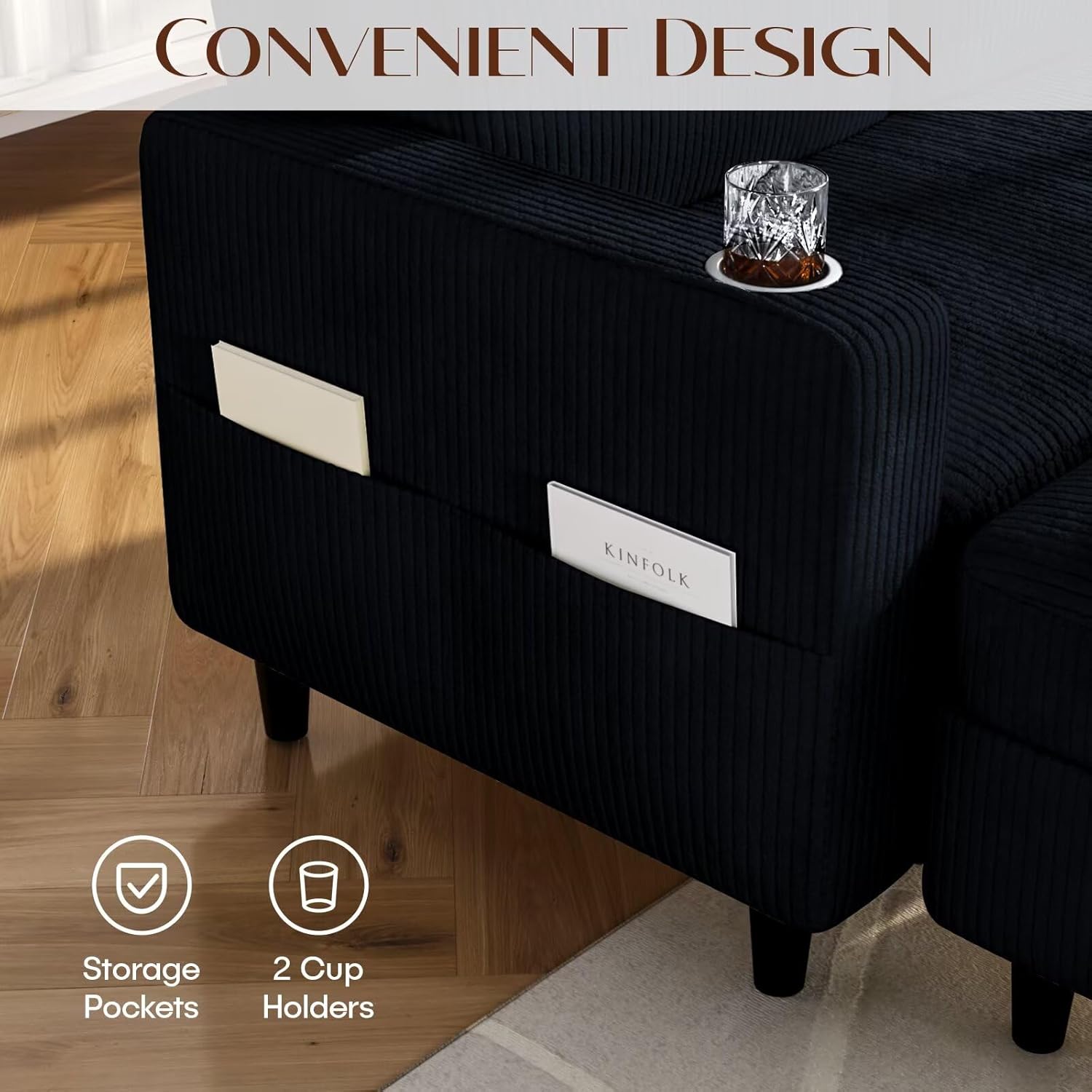 Convertible Sectional Couches for Living Room, 3 Seats L Shaped Sofa with Storage Ottoman and 2 Cup Holders, Modern Corduroy Couch Small Sofas for Small Space Apartment Office, Black - Image 5