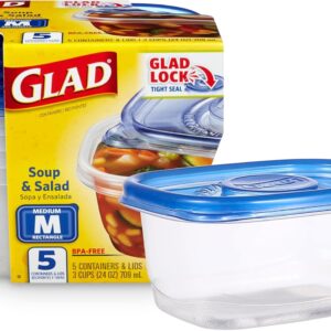 Glad GladWare Medium Rectangle Food Storage Containers with Lids, Airtight Leak-Resistant Plastic Containers for Soup Salad Meal Prep, Microwave Dishwasher Freezer Safe, 24 Oz, 5 Count