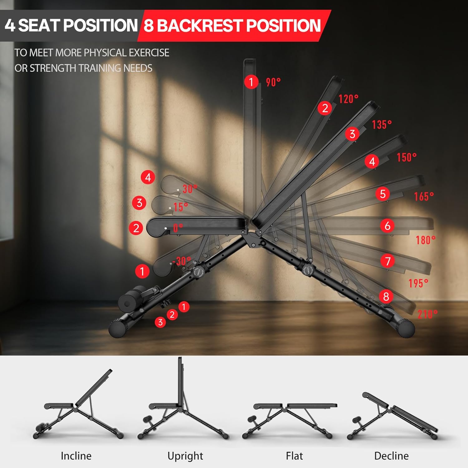 JOROTO Adjustable Weight Bench, 1300LBS Workout Bench for Home Gym Strength Training, Incline Decline Flat Bench Press with Wheels and Extended Backrest, Foldable Exercise Bench for Full Body Workout - Image 5