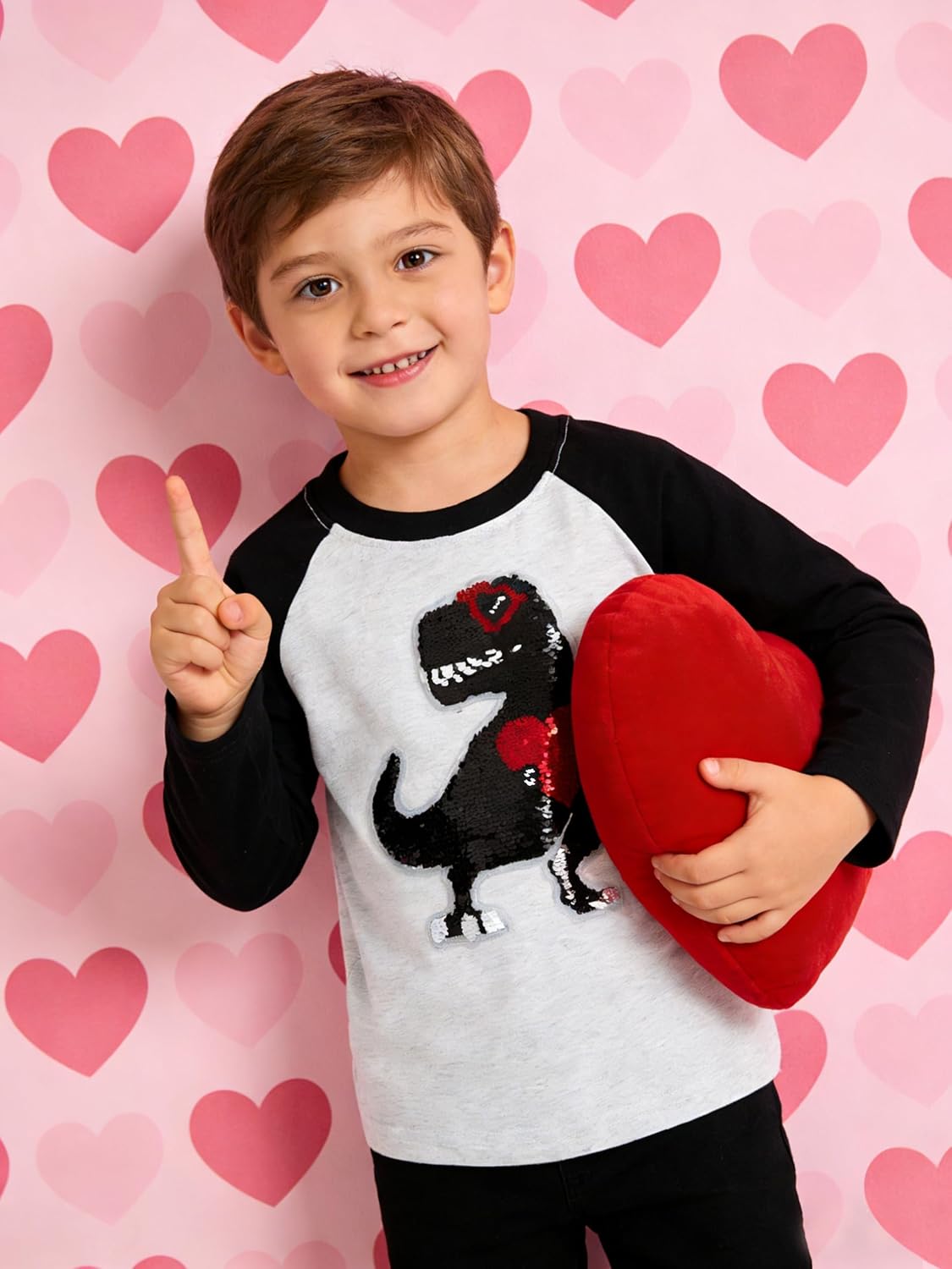 Valentine's Dinosaur Shirt for Toddler Boy Monster Truck Heart Flip Sequin T-Shirt Tractor Long Sleeve Kids VDAY Tops - Image 3