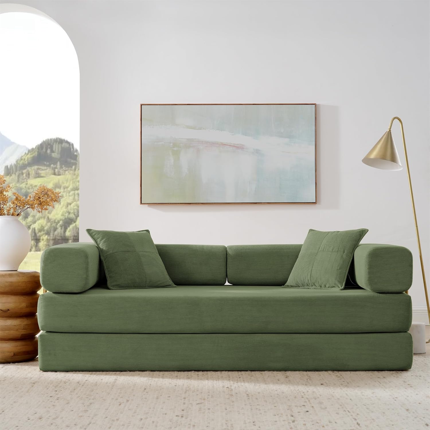 4-in-1 Folding Convertible Sofa Bed, 78 Inch Oversized Corduroy Upholstered Boneless Couch, Loveseat Sleeper with Pull Out Bed, Floor Sofa Modular Futon Couch for Living Room Bedroom Lounge, Green - Image 6