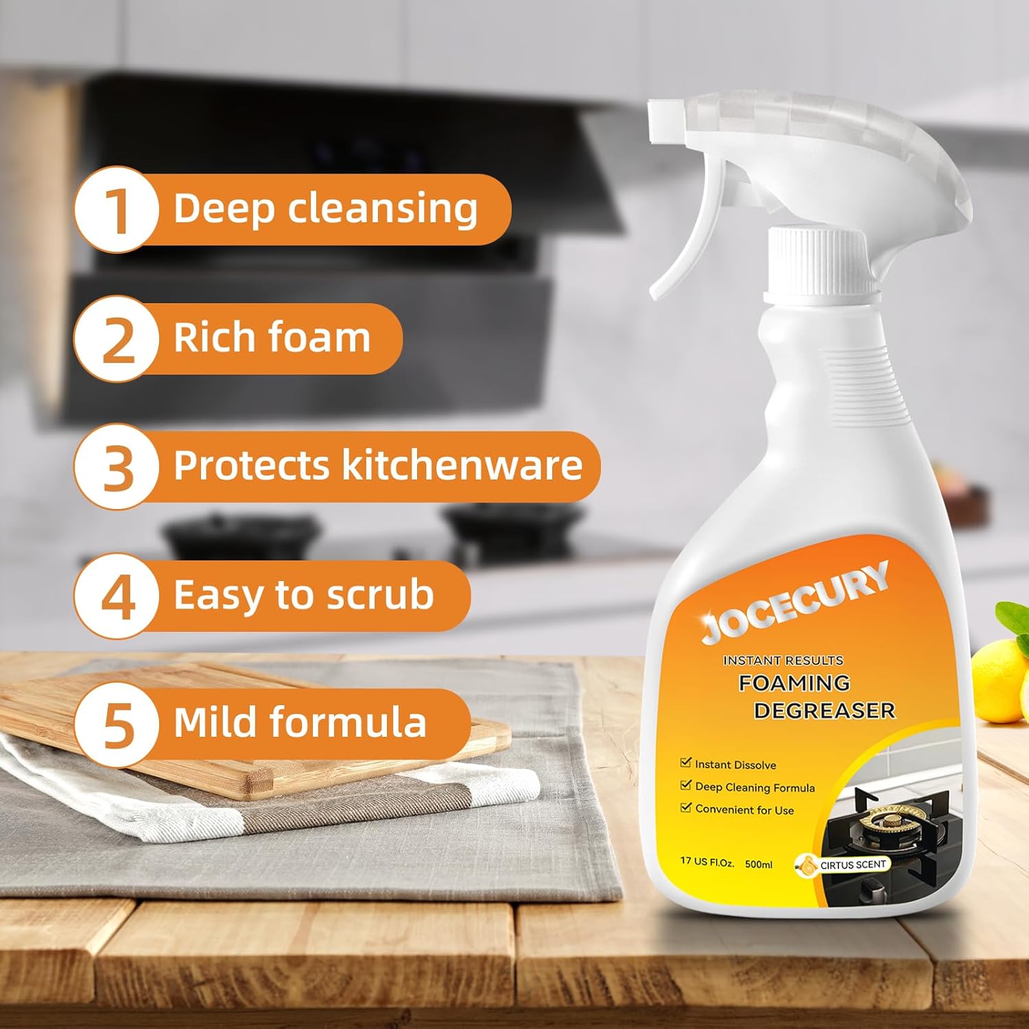 Jocecury 500ML Kitchen Foam Cleaner, Multipurpose Grease Cleaner Spray for Pots, Pans, Surfaces & Appliances with Dual-Spray nozzle,No-rinse Formula - Image 4
