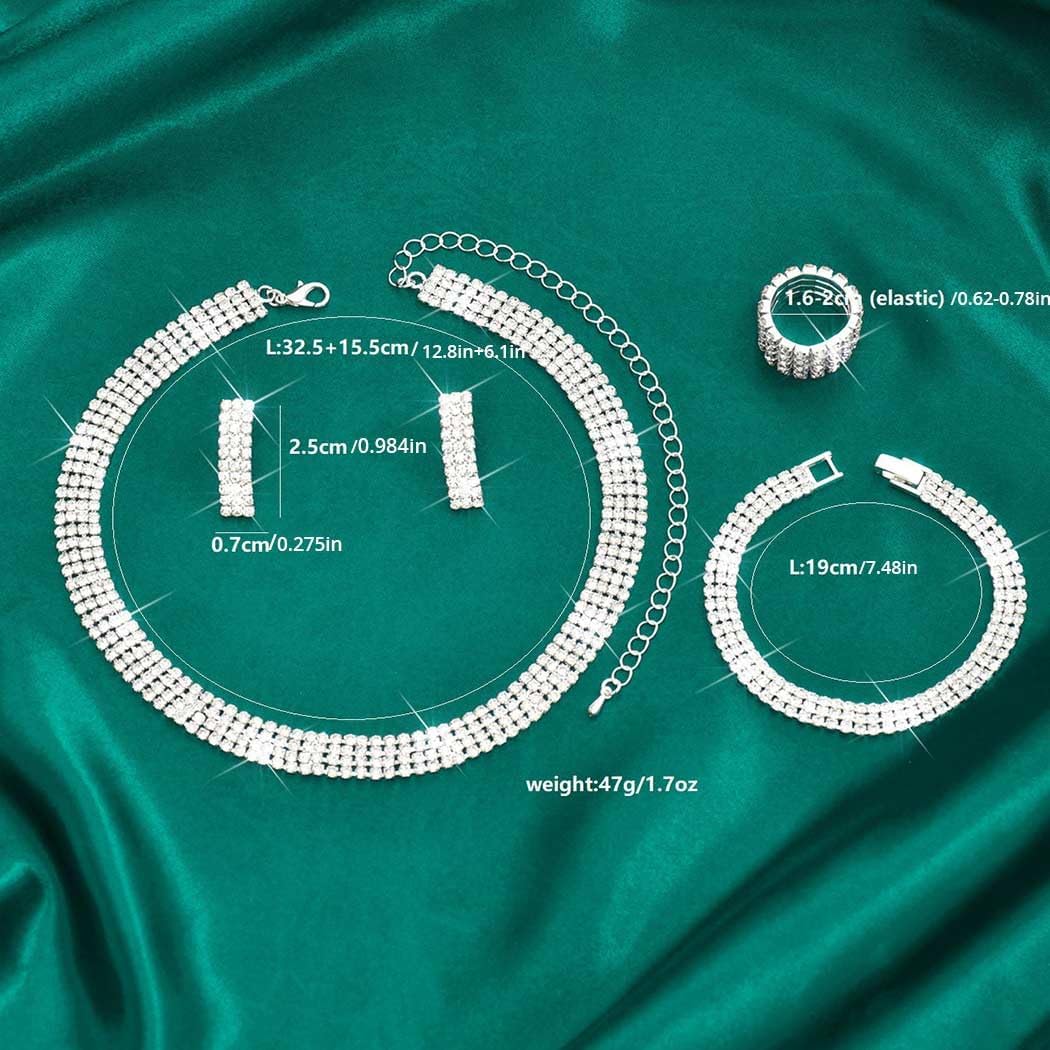 Aukmla Rhinestones Bridal Wedding Jewelry Set Silver Choker Necklaces Earrings Bracelet Ring Sets Prom Jewelry for Women - Image 4