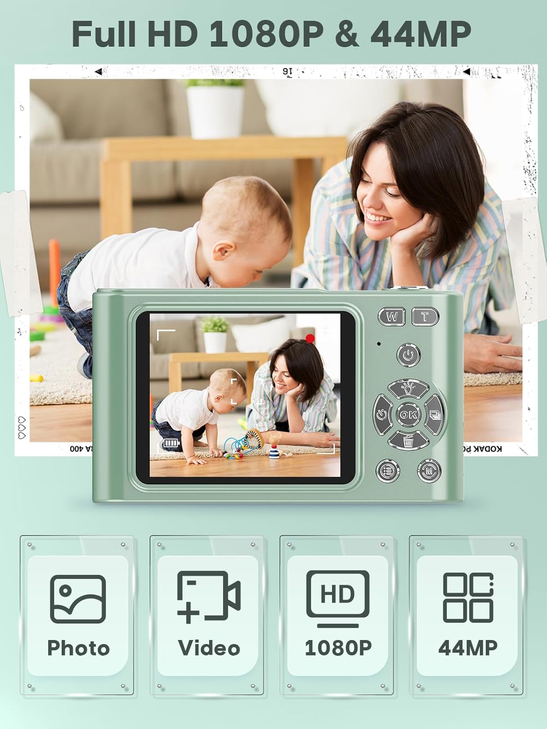 2025 Digital Camera - 1080P Vlog Camera, 44MP Compact, 16X Zoom, Anti-Shake, Green Gift for Kids - Image 2