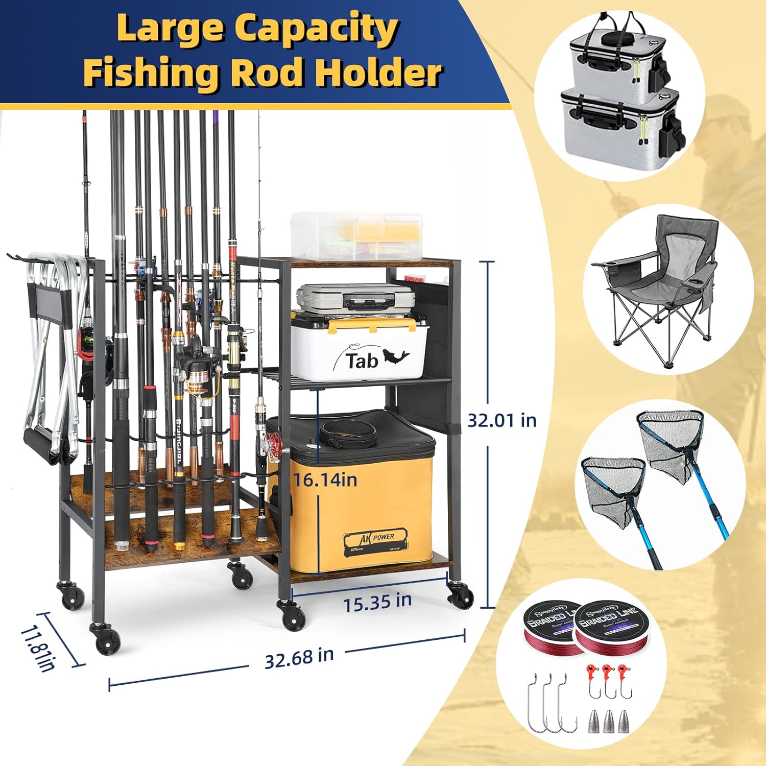 Olakee Fishing Rod Holders, Rolling Fishing Rod Rack for Garage & Boat, Tackle Box & Reel Holder Cart, Easy Assembly Fishing Gear Management System, Ideal Birthday Gift for Men Dad Anglers - Image 3