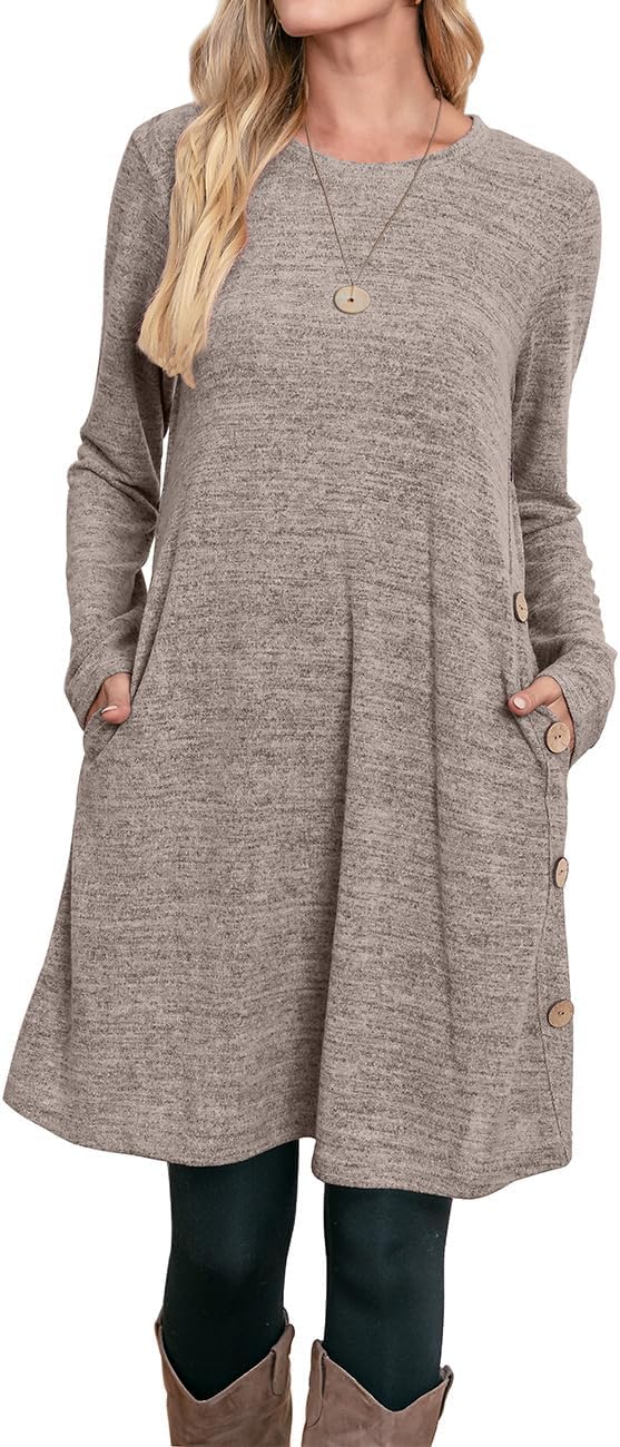 OFEEFAN Long Sleeve Dress for Women Crew Neck Tunic Dress with Pockets Buttons Side - Image 3