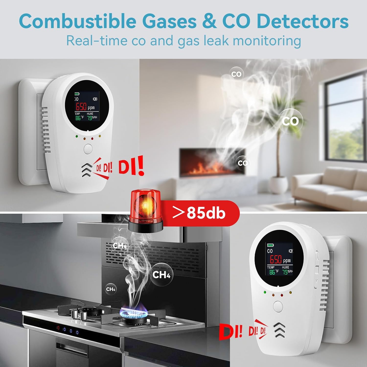 5-in-1 Carbon Monoxide Detectors,Combustible Gas Detector,Plug-in & Built-in Backup Battery,Monitoring CO,Natural Gas,Temperature and Humidity,Clear LCD Screen Sound Light Dual Alarm Detector - Image 4
