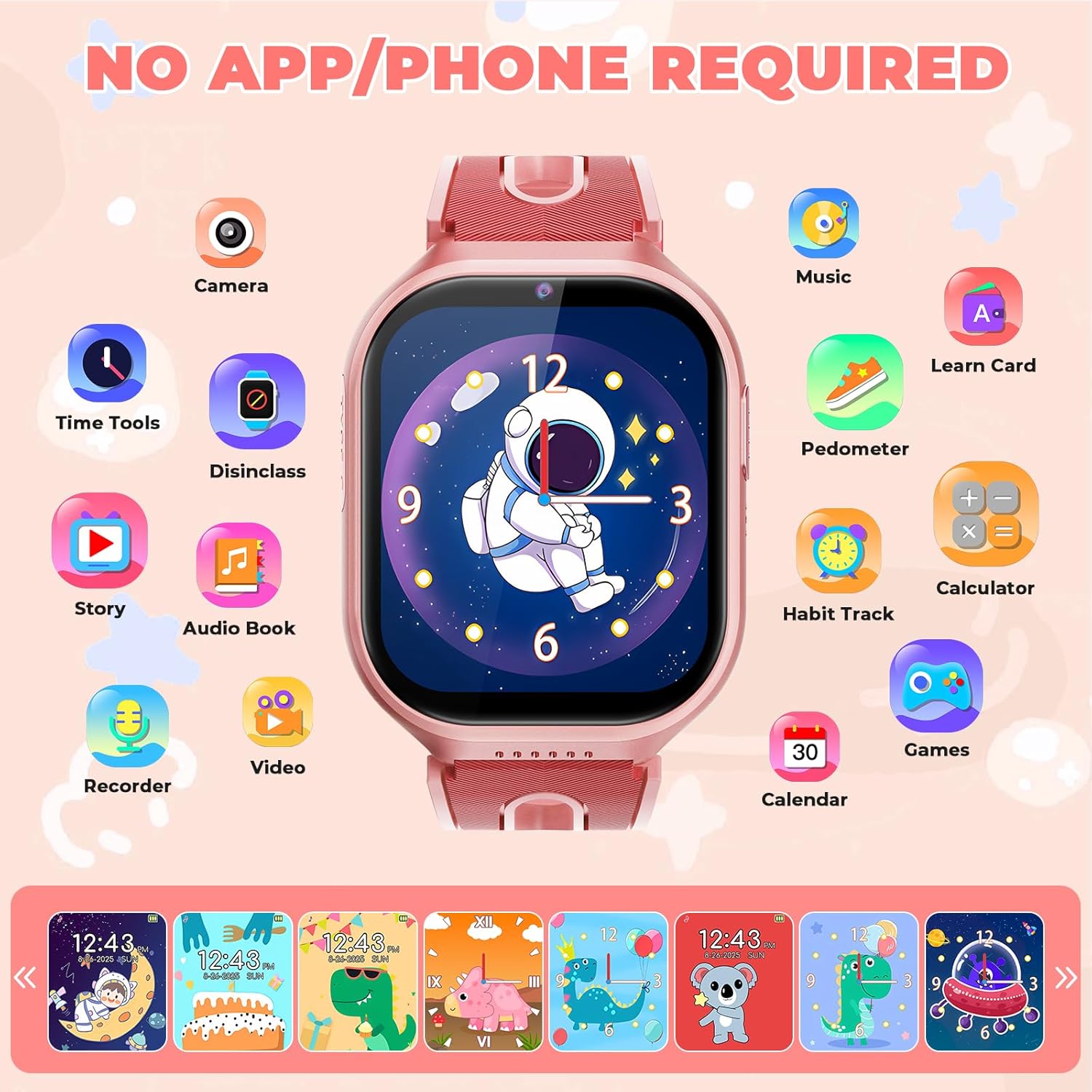 Smart Watch for Kids, No App, 14 Games, 1.83'' Touchscreen, Bedtime Stories, Alarm Clock, Camera, Music Player, Pedometer, Video & Audio Recording, Toys for Boys Aged 3-12, Gift for Teenagers, Red - Image 2