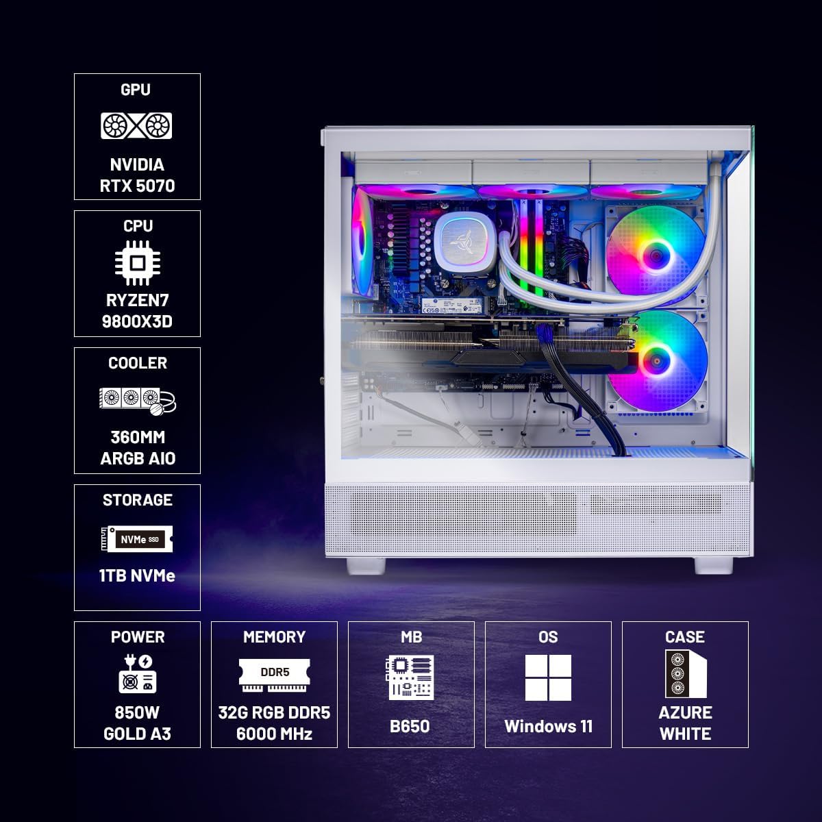 Skytech Gaming Azure 3 Desktop PC, Ryzen 7 9800X3D 4.7 GHz (5.2 GHz), NVIDIA RTX 5070 12GB, 1TB Gen4 NVMe SSD, 32GB DDR5 RAM 6000 RGB, 850W Gold ATX 3 PSU, 360mm ARGB AIO, Wi-Fi, Win 11 - Image 3
