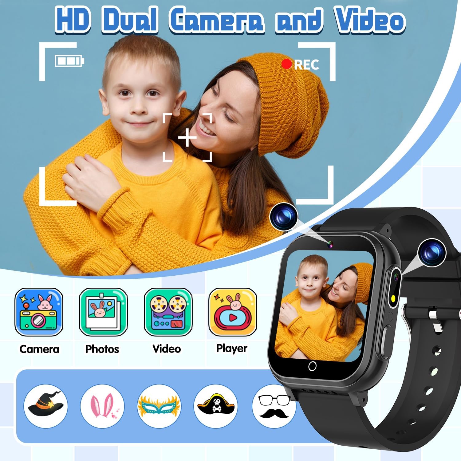 Kids Waterproof Smart Watch Gift for Boys Ages 3-12, 32 Puzzle Games, HD Touchscreen, Dual Camera, Vedio Pedometer Music Player, Kids Watch Toy Birthday Gifts for Boys Ages 5 6 7 8 9 10 (Black) - Image 6