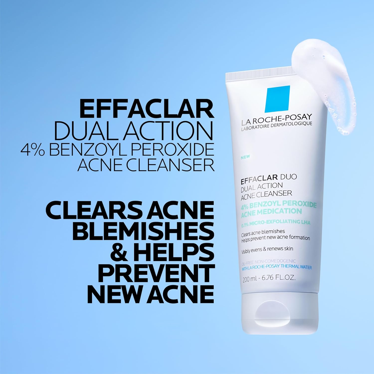 La Roche-Posay Effaclar Dual Acne Face Wash With 4% Benzoyl Peroxide & LHA Exfoliant, Acne Treatment Help Clear & Prevent Blemishes, Paraben Free & Oil Free Wash, 6.76 Fl Oz - Image 4
