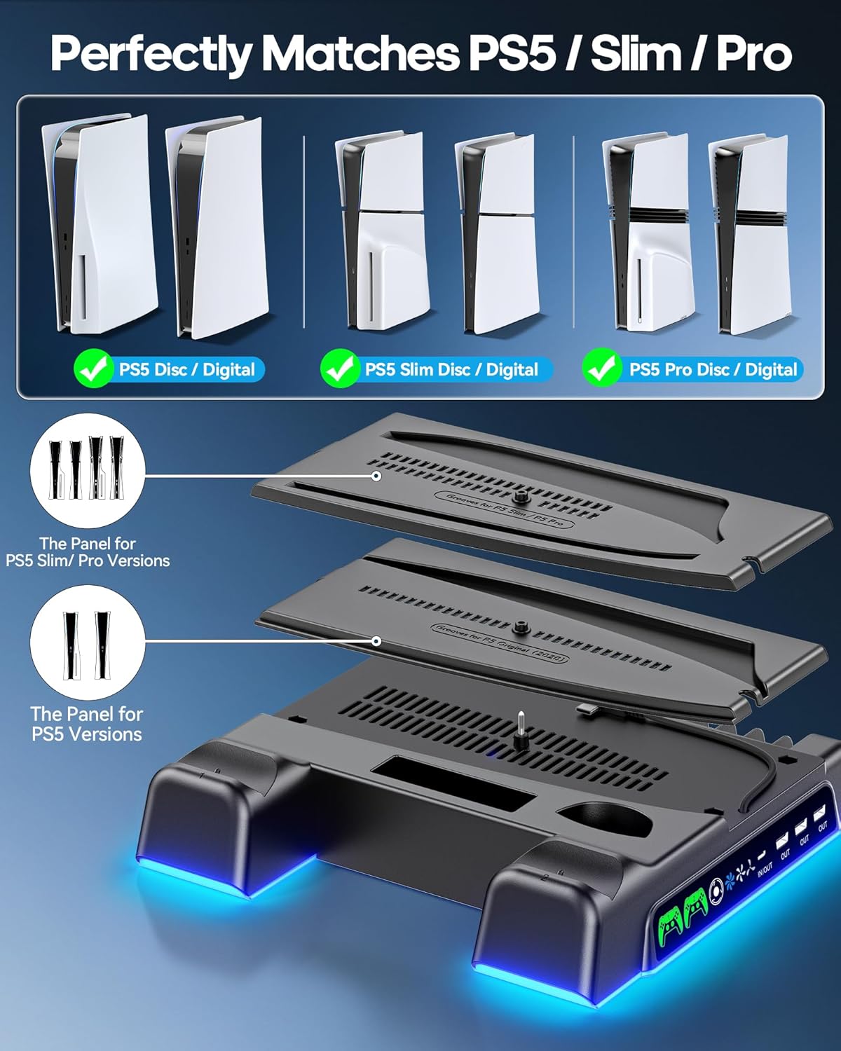 PS5/ Slim/Pro Stand for Disc & Digital Console, PS 5 Cooling Station with Dual Controller Charging Station for PlayStation 5 Console, 3-Level Fan PS5 Controller Charger Accessories Stand-Black - Image 2