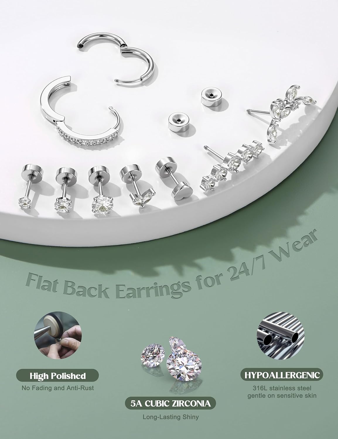 LOLIAS Hypoallergenic Flat Back Earrings-Cartilage Earring Stacks-Surgical Steel Earrings for Sensitive Ears - Small Stainless Steel Flatback Stud Hoop Earring Sets for Helix Tragus Conch Daith Multiple Piercing Jewelry Trendy - Image 3