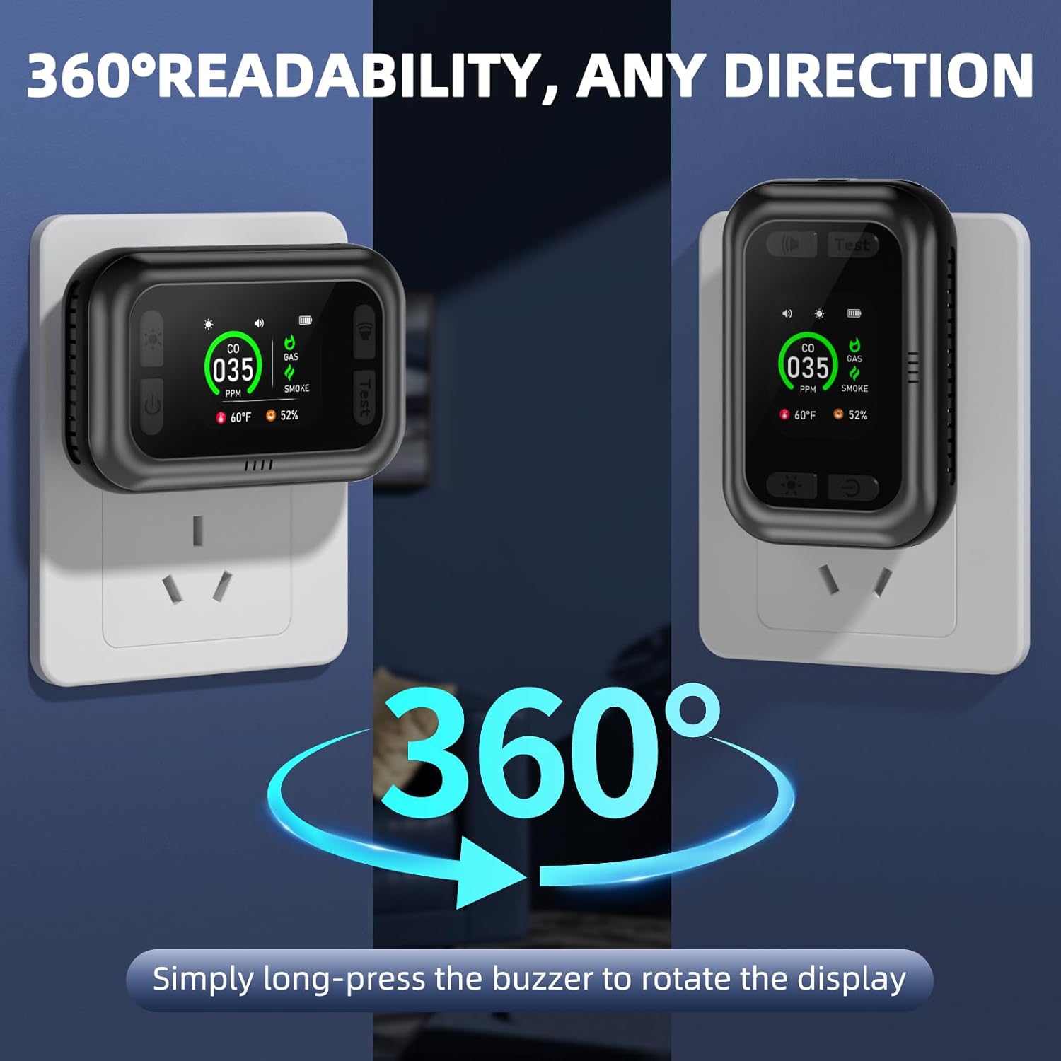 5 in 1 Carbon Monoxide Detectors, Natural Gas Detector & Smoke Detector with Dual Alarm & Bulit-in Battery, Propane CO Detector Plug in (Temp & Humidity) for Home RV Camping Travel (Black) - Image 6