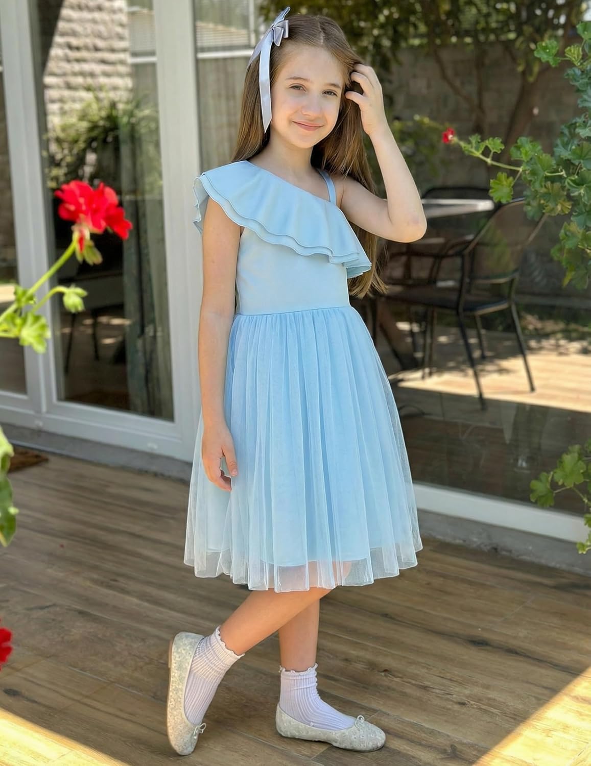 Arshiner Girls Dresses Ruffle Trim Off Shoulder Formal Wedding Party Fancy Summer Tulle Dress for 6-14 Years - Image 6